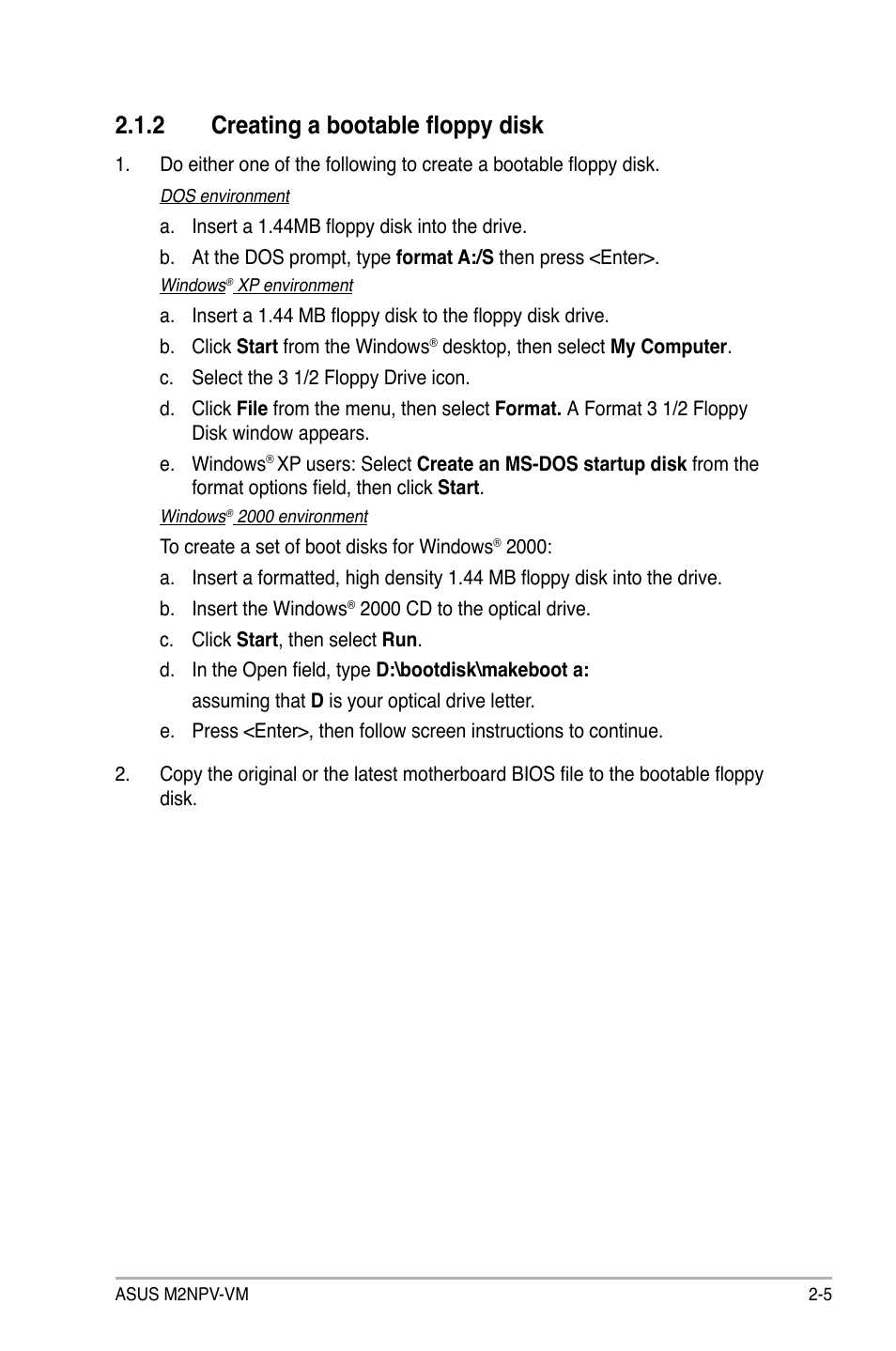 2 creating a bootable floppy disk | Asus M2NPV-VM User Manual | Page 55 / 102