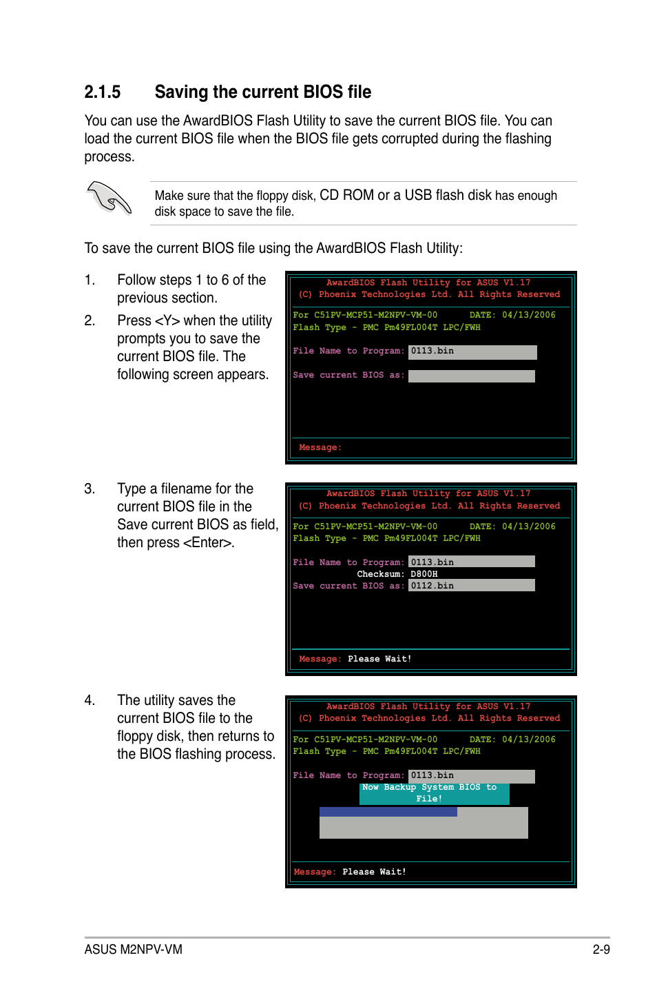 5 saving the current bios file, Cd rom or a usb flash disk | Asus M2NPV-VM User Manual | Page 59 / 102