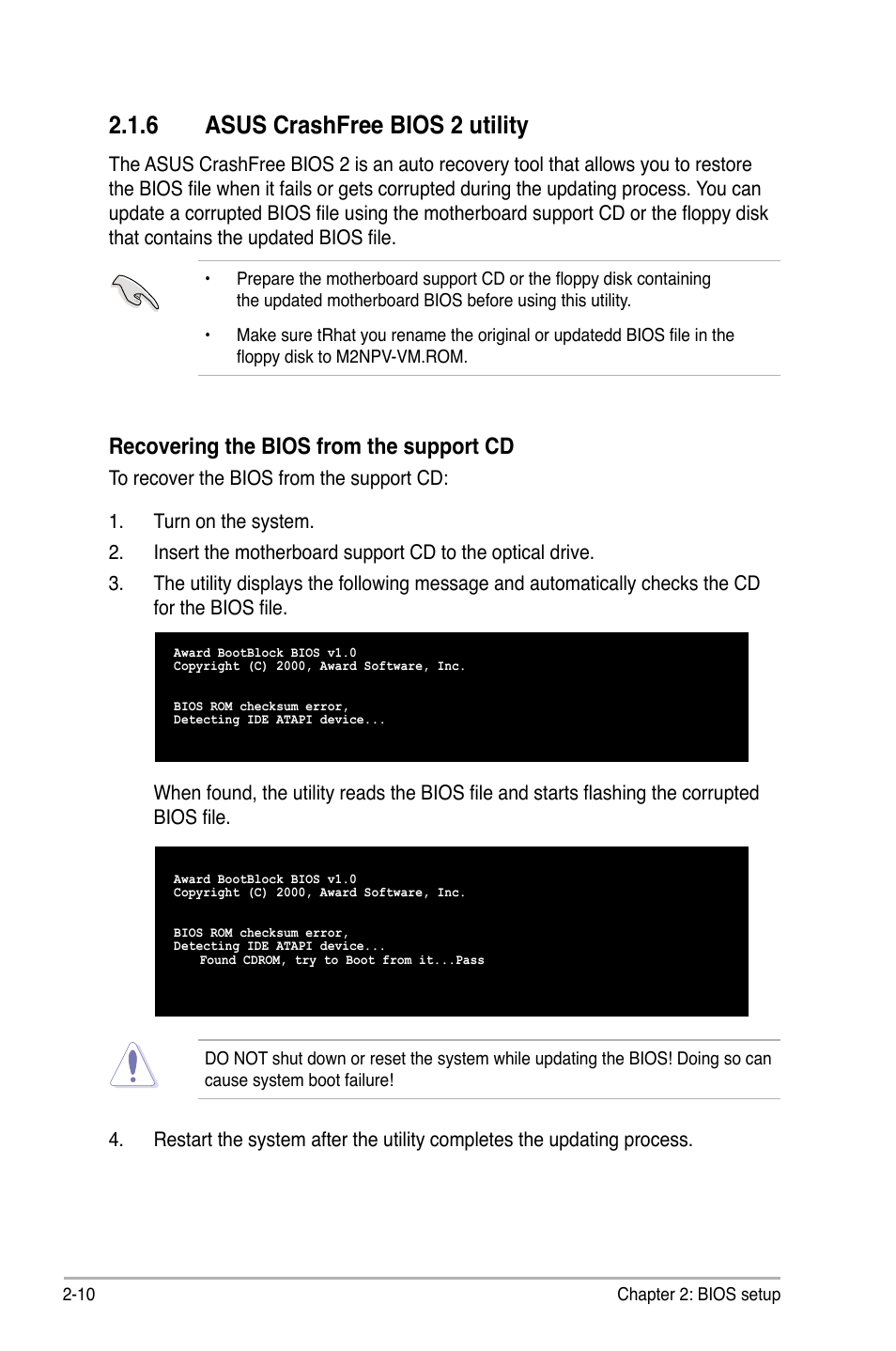 6 asus crashfree bios 2 utility, Recovering the bios from the support cd | Asus M2NPV-VM User Manual | Page 60 / 102