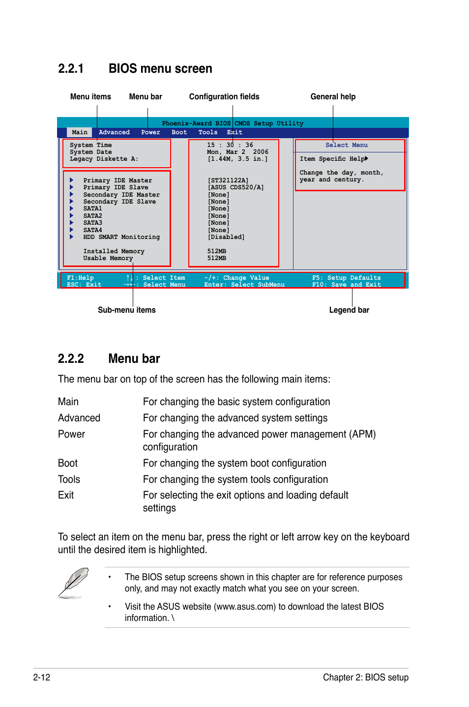 1 bios menu screen 2.2.2 menu bar | Asus M2NPV-VM User Manual | Page 62 / 102