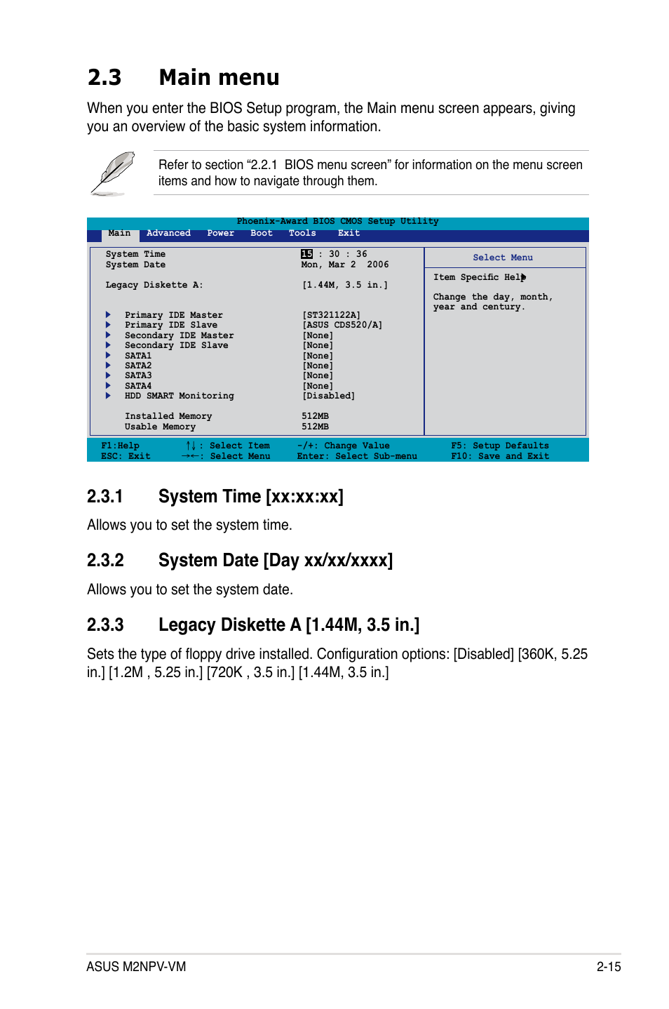 3 main menu, 1 system time [xx:xx:xx, Allows you to set the system time | Allows you to set the system date | Asus M2NPV-VM User Manual | Page 65 / 102