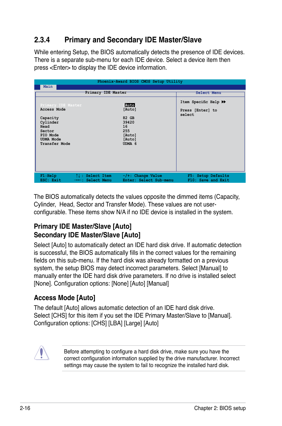 4 primary and secondary ide master/slave, Access mode [auto | Asus M2NPV-VM User Manual | Page 66 / 102