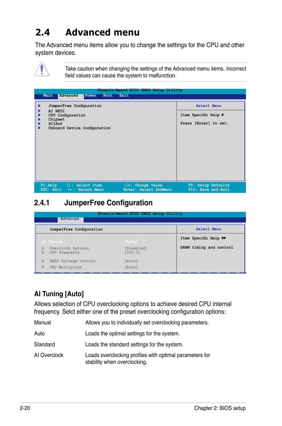 4 advanced menu, 1 jumperfree configuration, Ai tuning [auto | Asus M2NPV-VM User Manual | Page 70 / 102