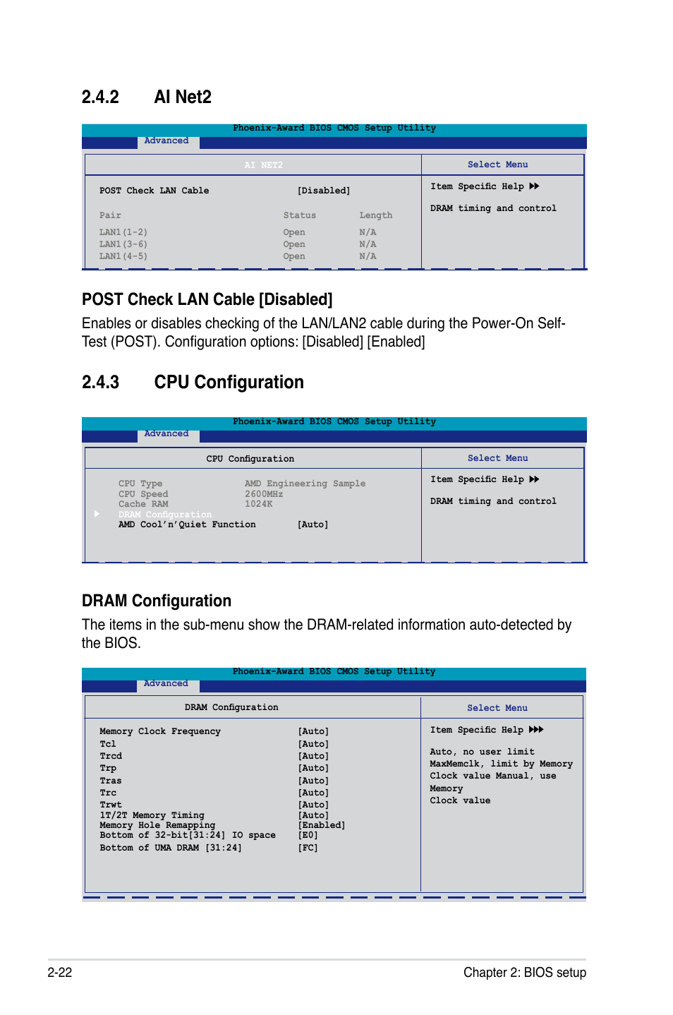 3 cpu configuration, Post check lan cable [disabled, Dram configuration | 22 chapter 2: bios setup | Asus M2NPV-VM User Manual | Page 72 / 102