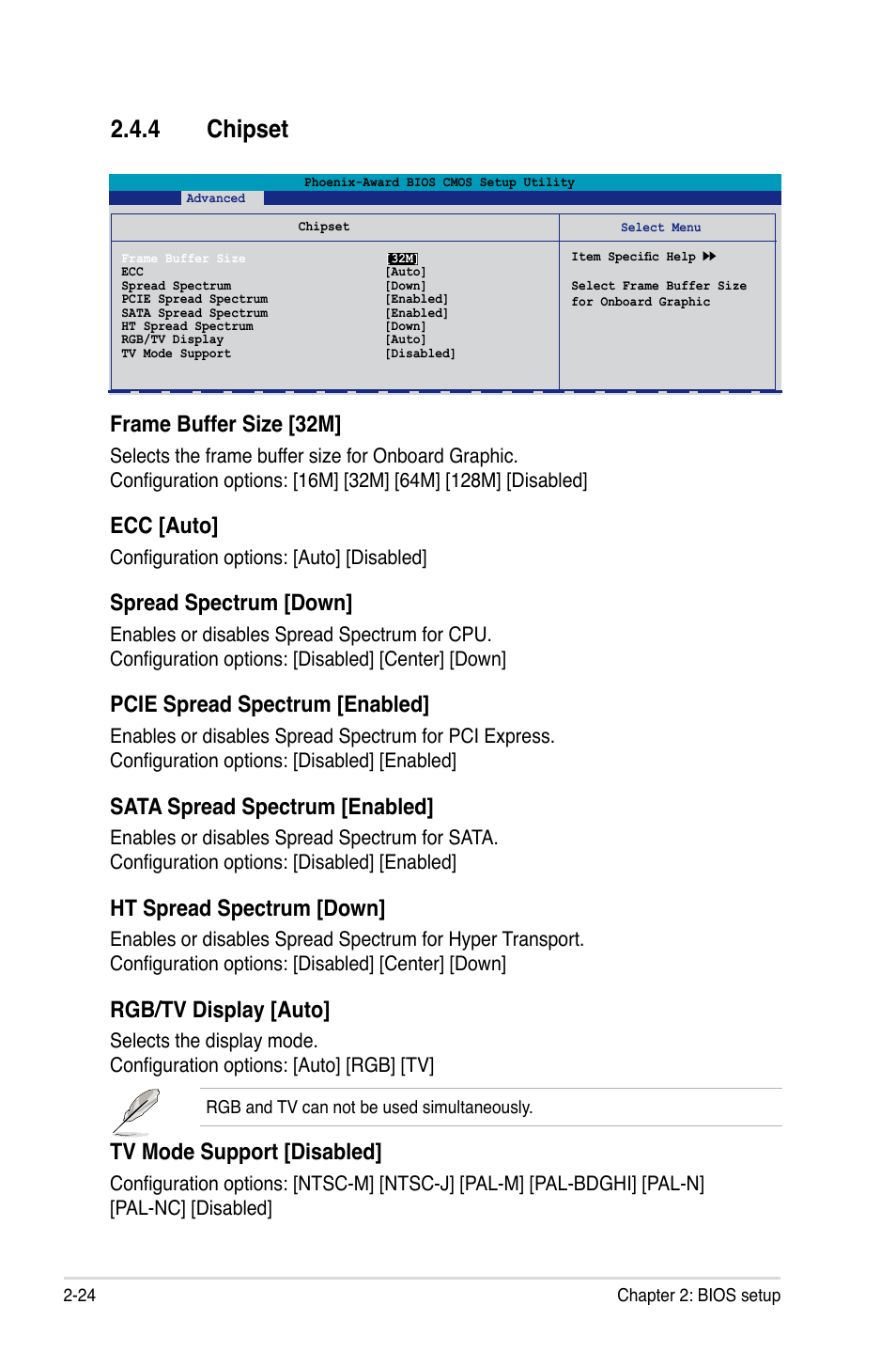 Chipset, Frame buffer size [32m, Ecc [auto | Spread spectrum [down, Pcie spread spectrum [enabled, Sata spread spectrum [enabled, Ht spread spectrum [down, Rgb/tv display [auto, Tv mode support [disabled | Asus M2NPV-VM User Manual | Page 74 / 102