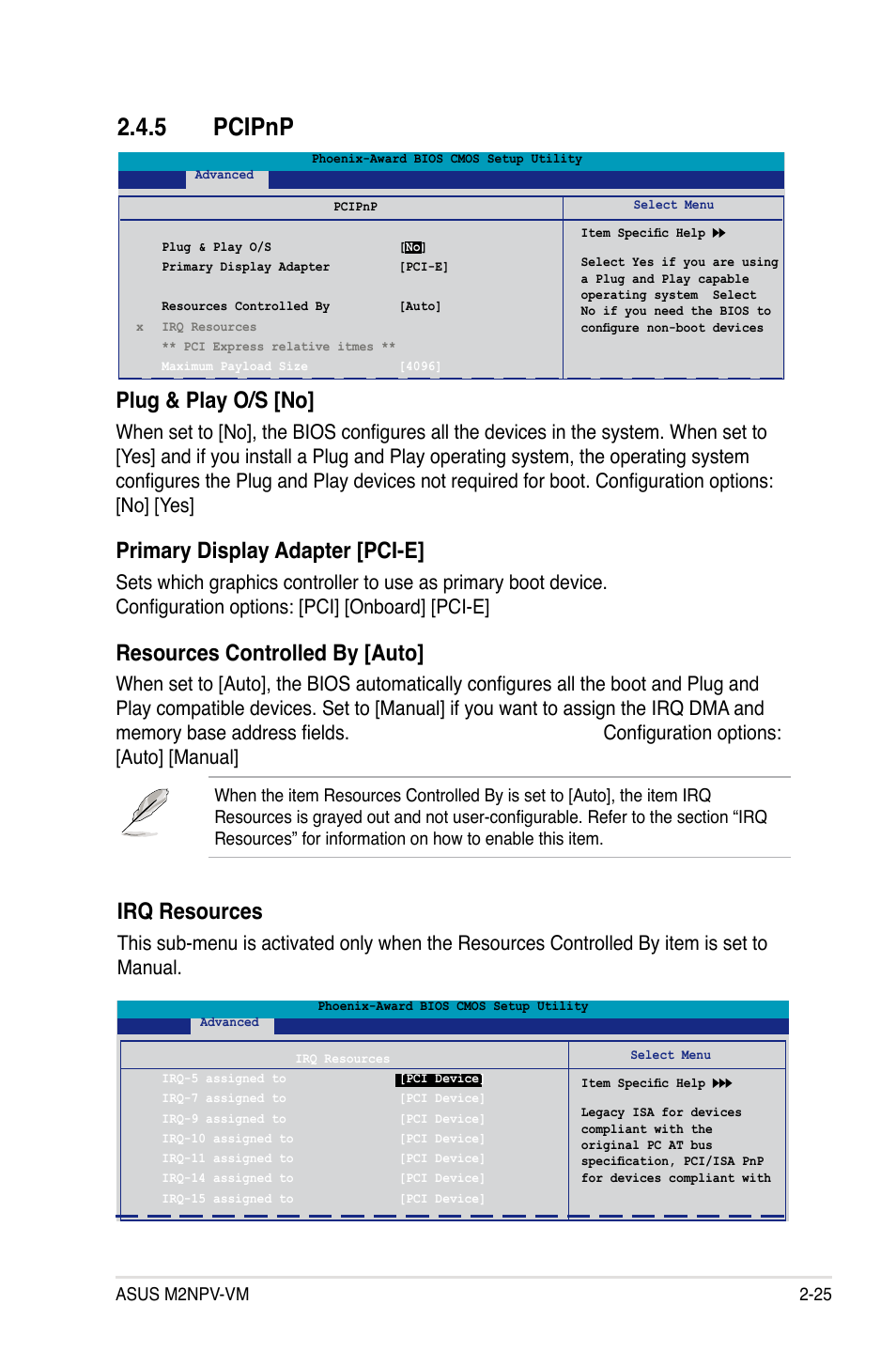 Pcipnp, Plug & play o/s [no, Primary display adapter [pci-e | Resources controlled by [auto, Irq resources | Asus M2NPV-VM User Manual | Page 75 / 102