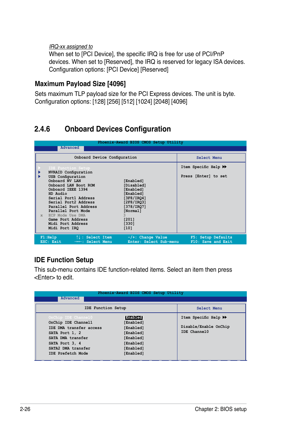 6 onboard devices configuration, Maximum payload size [4096, Ide function setup | 26 chapter 2: bios setup irq-xx assigned to | Asus M2NPV-VM User Manual | Page 76 / 102