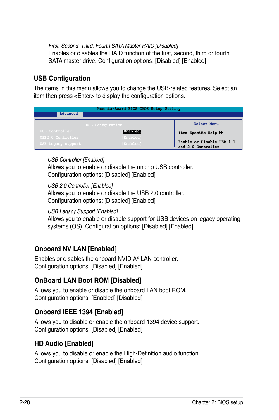 Onboard nv lan [enabled, Onboard lan boot rom [disabled, Onboard ieee 1394 [enabled | Hd audio [enabled, Usb configuration | Asus M2NPV-VM User Manual | Page 78 / 102