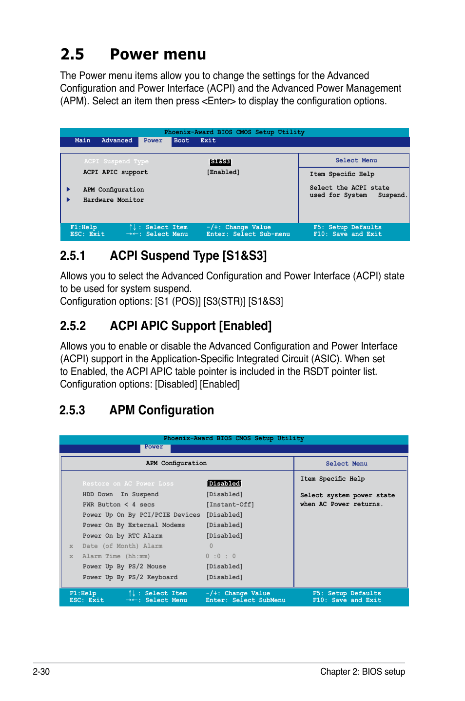 5 power menu, 1 acpi suspend type [s1&s3, 2 acpi apic support [enabled | 3 apm configuration | Asus M2NPV-VM User Manual | Page 80 / 102