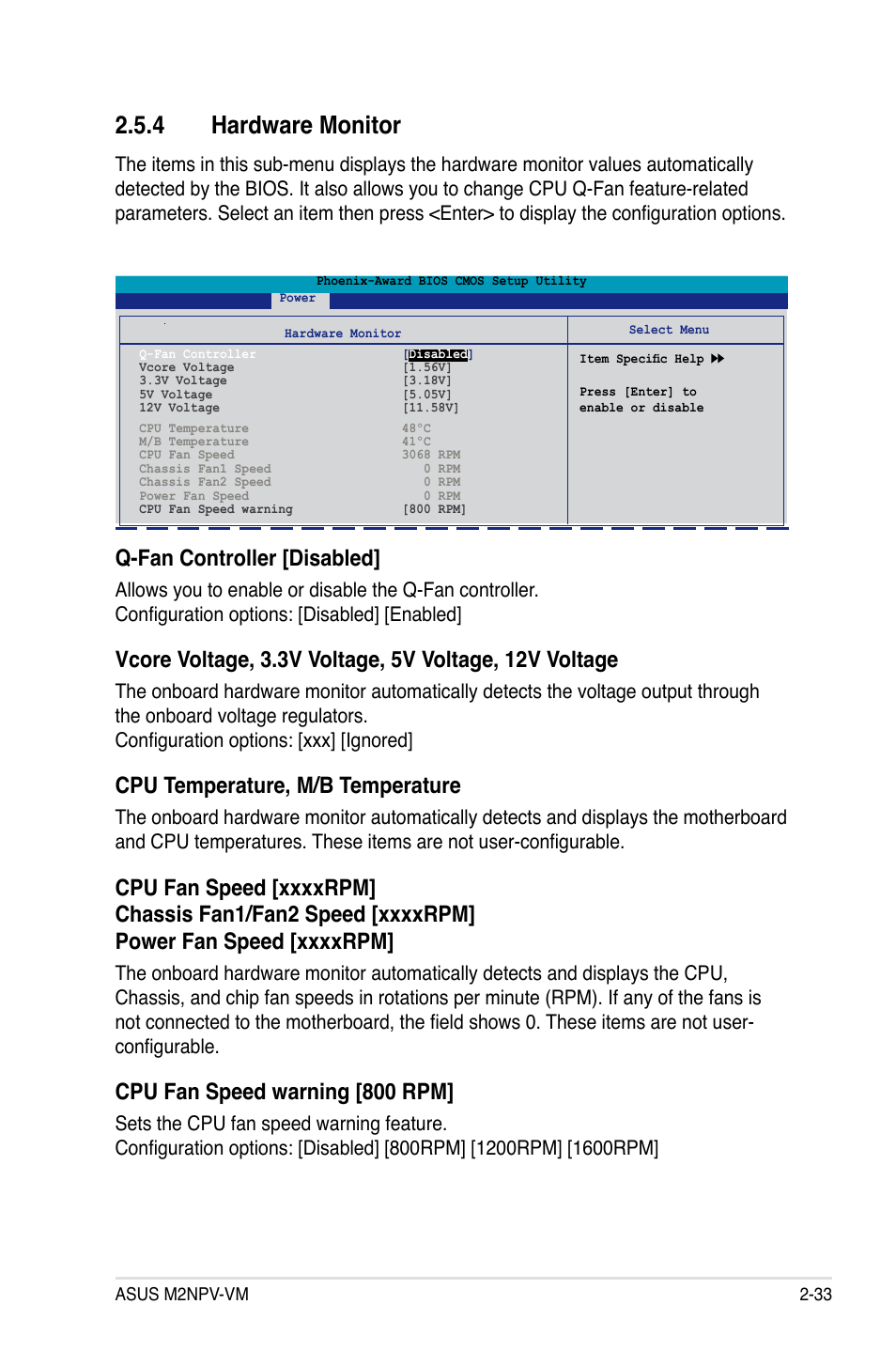 Hardware.monitor, Q-fan controller [disabled, Cpu temperature, m/b temperature | Cpu fan speed warning [800 rpm | Asus M2NPV-VM User Manual | Page 83 / 102