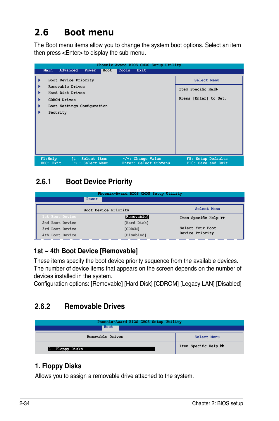 6 boot menu, 1 boot device priority, 2 removable drives | 1st ~ 4th boot device [removable, Floppy disks | Asus M2NPV-VM User Manual | Page 84 / 102