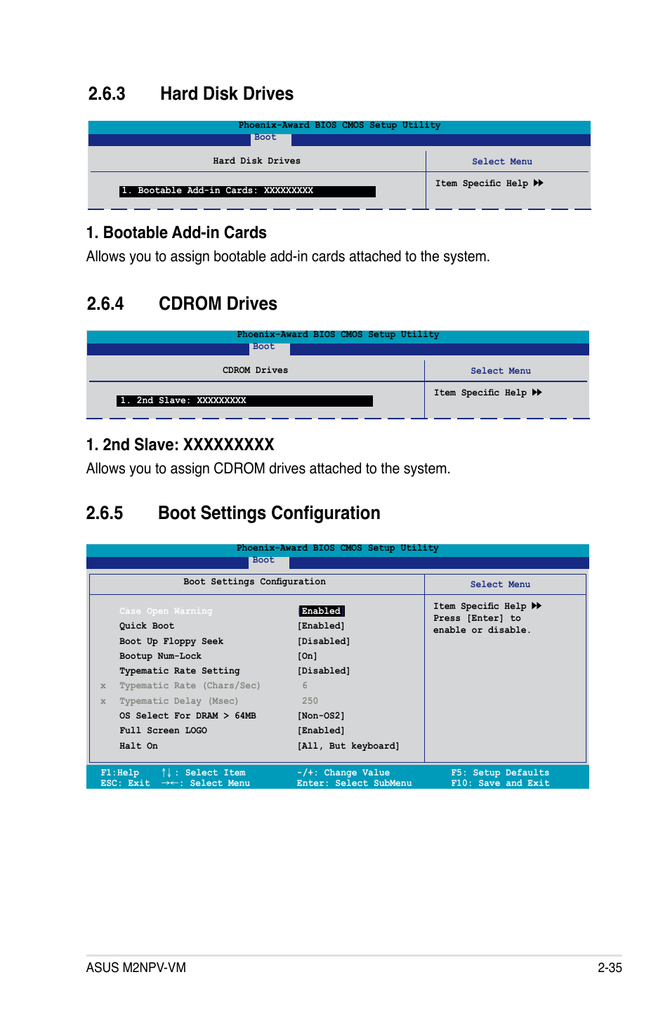 3 hard disk drives, 5 boot settings configuration, 4 cdrom drives | Bootable.add-in.cards | Asus M2NPV-VM User Manual | Page 85 / 102