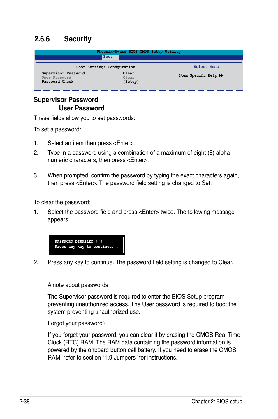 6 security, Supervisor password . user.password | Asus M2NPV-VM User Manual | Page 88 / 102