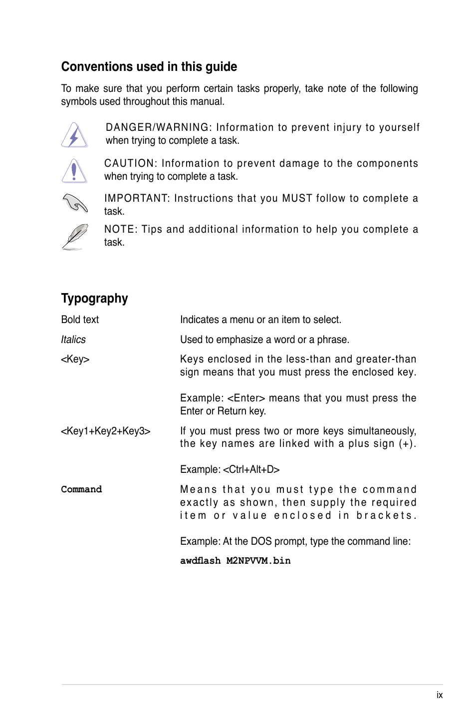 Conventions used in this guide, Typography | Asus M2NPV-VM User Manual | Page 9 / 102