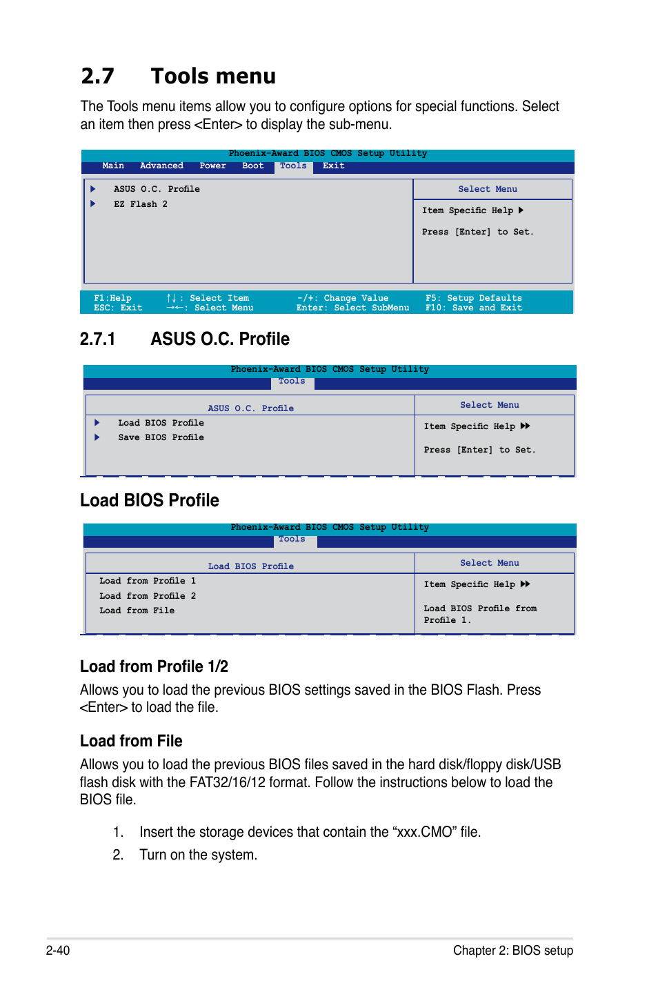 7 tools menu, 1 asus o.c. profile, Load bios profile | Load from profile 1/2, Load.from.file | Asus M2NPV-VM User Manual | Page 90 / 102