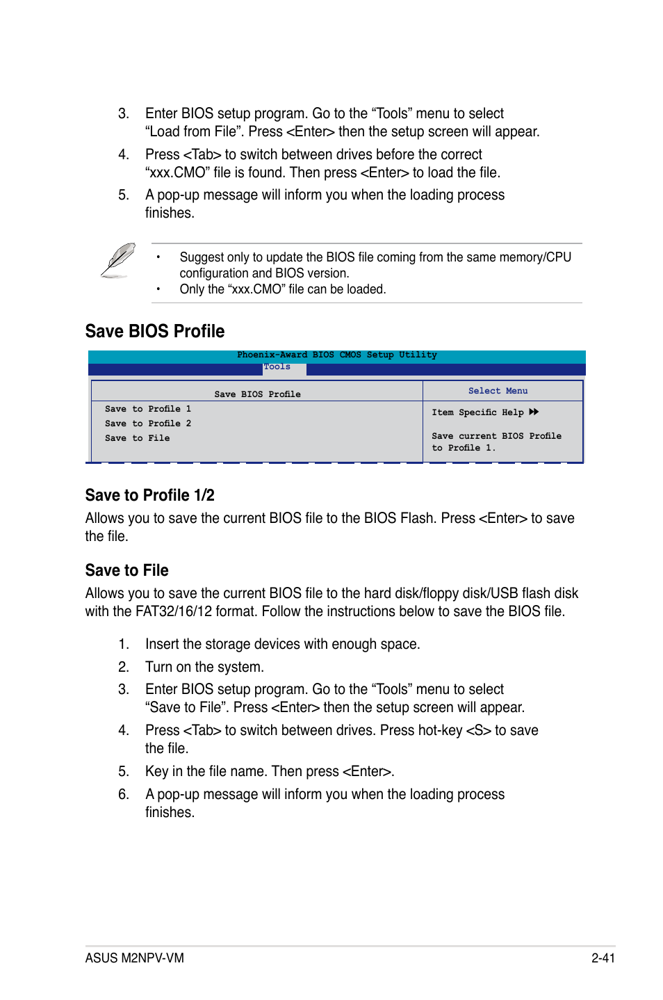 Save bios profile, Save to profile 1/2, Save.to.file | Asus M2NPV-VM User Manual | Page 91 / 102