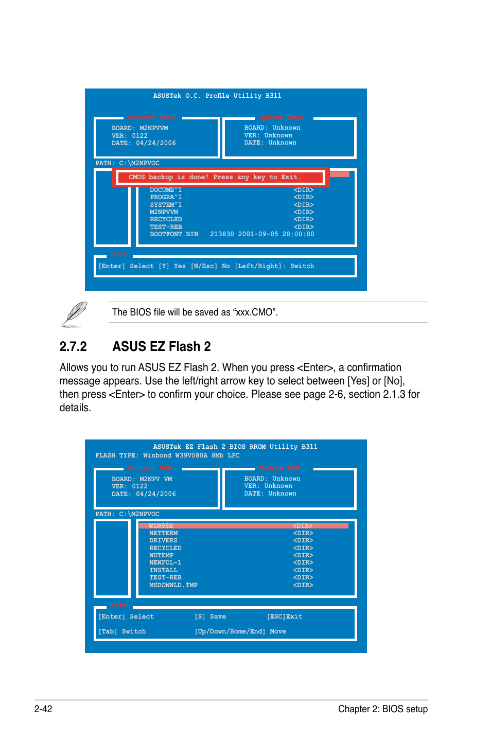 Asus.ez.flash.2, 42 chapter 2: bios setup, The bios file will be saved as “xxx.cmo | Asus M2NPV-VM User Manual | Page 92 / 102