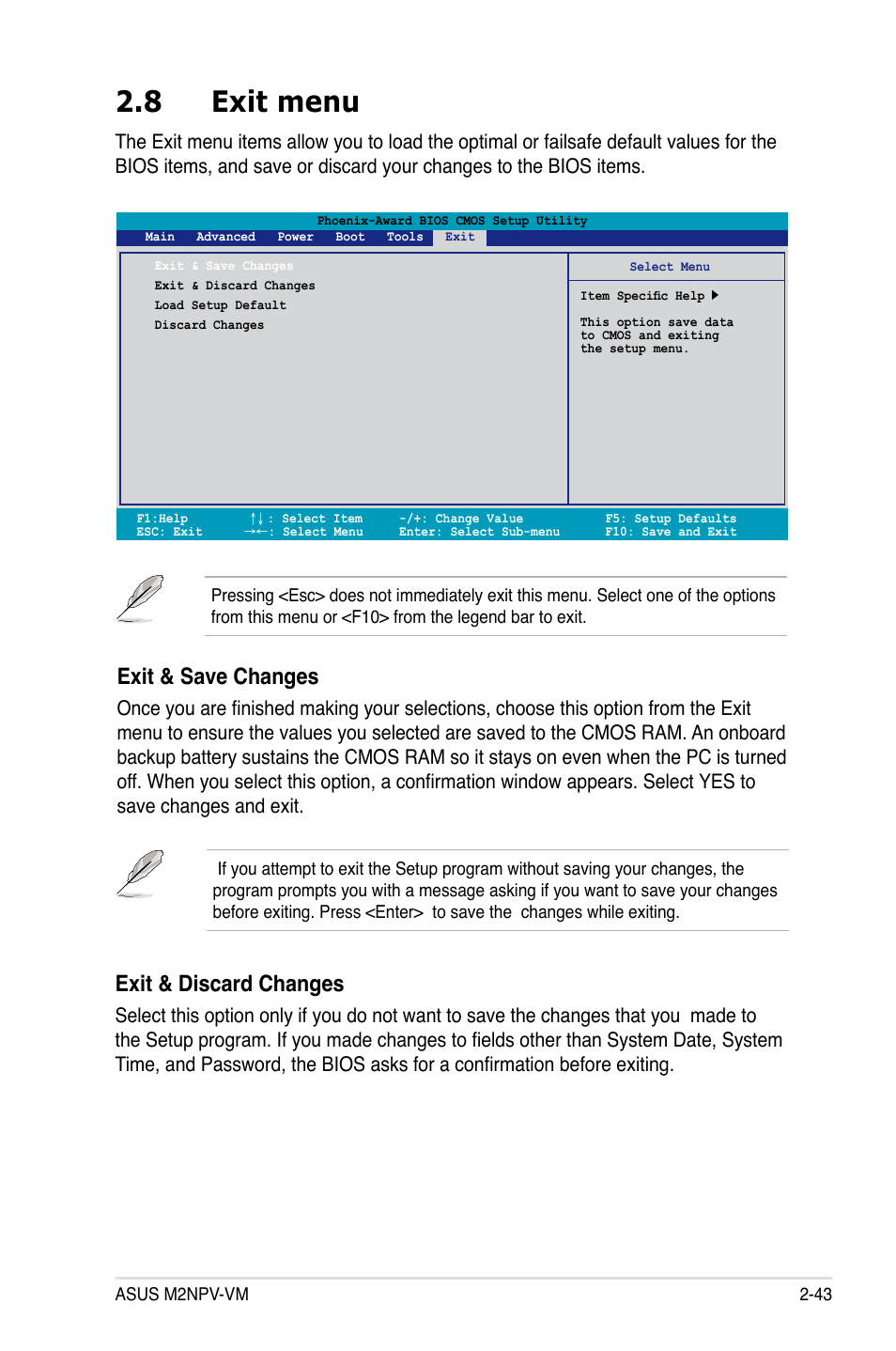 8 exit menu, Exit & save changes, Exit & discard changes | Asus M2NPV-VM User Manual | Page 93 / 102