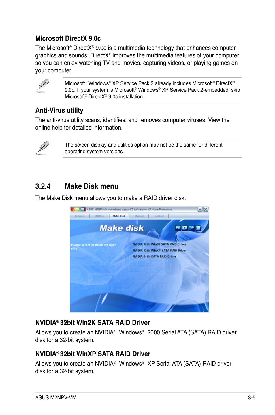 4 make disk menu, Microsoft directx 9.0c, Anti-virus utility | Nvidia, 32bit win2k sata raid driver, 32bit winxp sata raid driver | Asus M2NPV-VM User Manual | Page 99 / 102