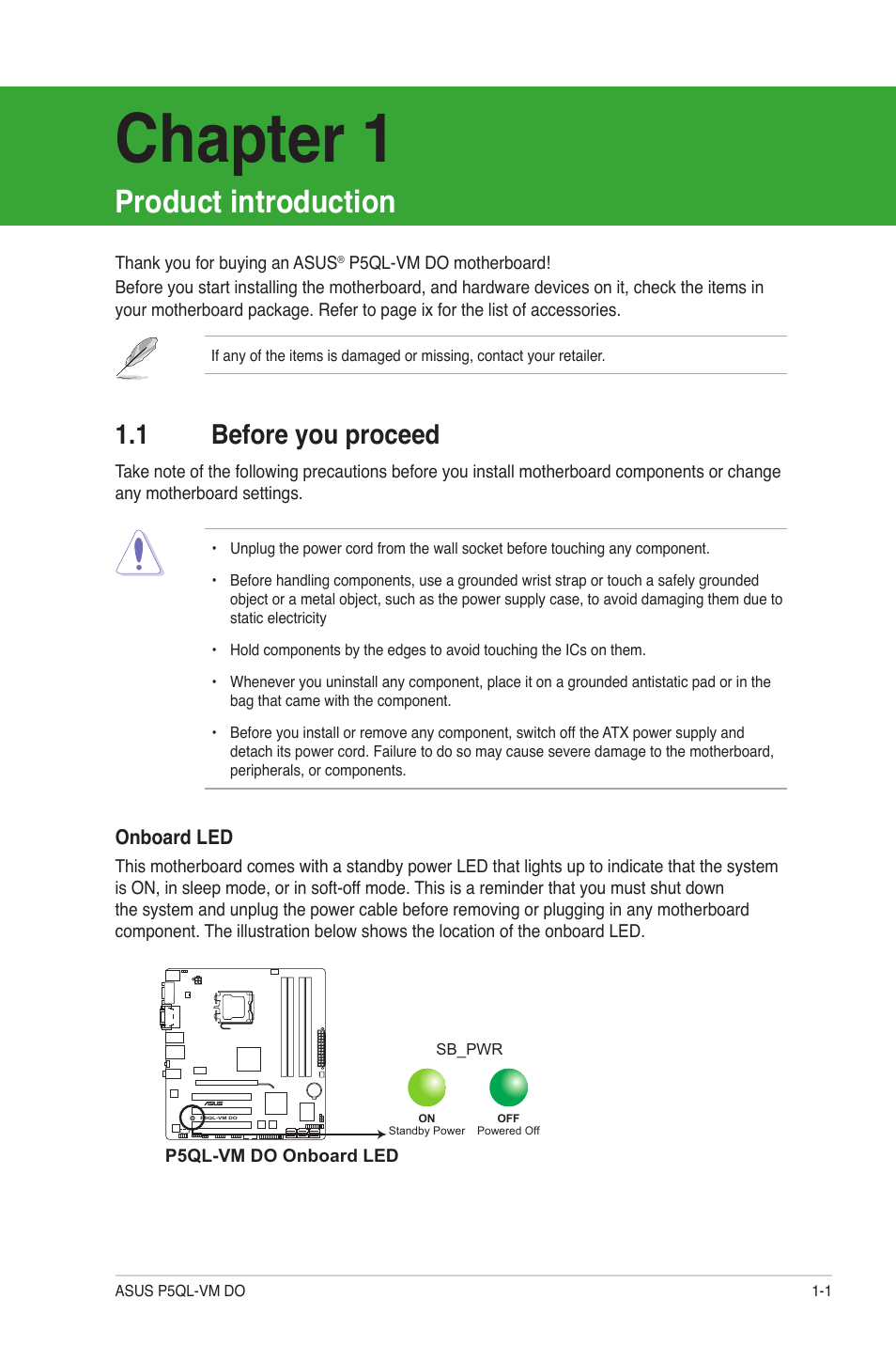 Product introduction, 1 before you proceed, Before you proceed -1 | Chapter 1 | Asus P5QL-VM DO User Manual | Page 10 / 45