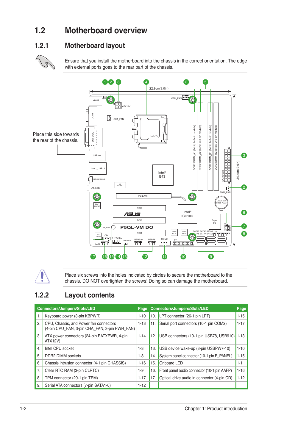 2 motherboard overview, 1 motherboard layout, 2 layout contents | Motherboard overview -2 1.2.1, Motherboard layout -2, Layout contents -2, Place this side towards the rear of the chassis, Chapter 1: product introduction 1-2 | Asus P5QL-VM DO User Manual | Page 11 / 45