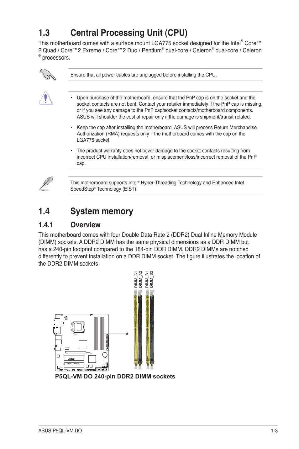 3 central processing unit (cpu), 4 system memory, 1 overview | Central processing unit (cpu) -3, System memory -3 1.4.1, Overview -3 | Asus P5QL-VM DO User Manual | Page 12 / 45