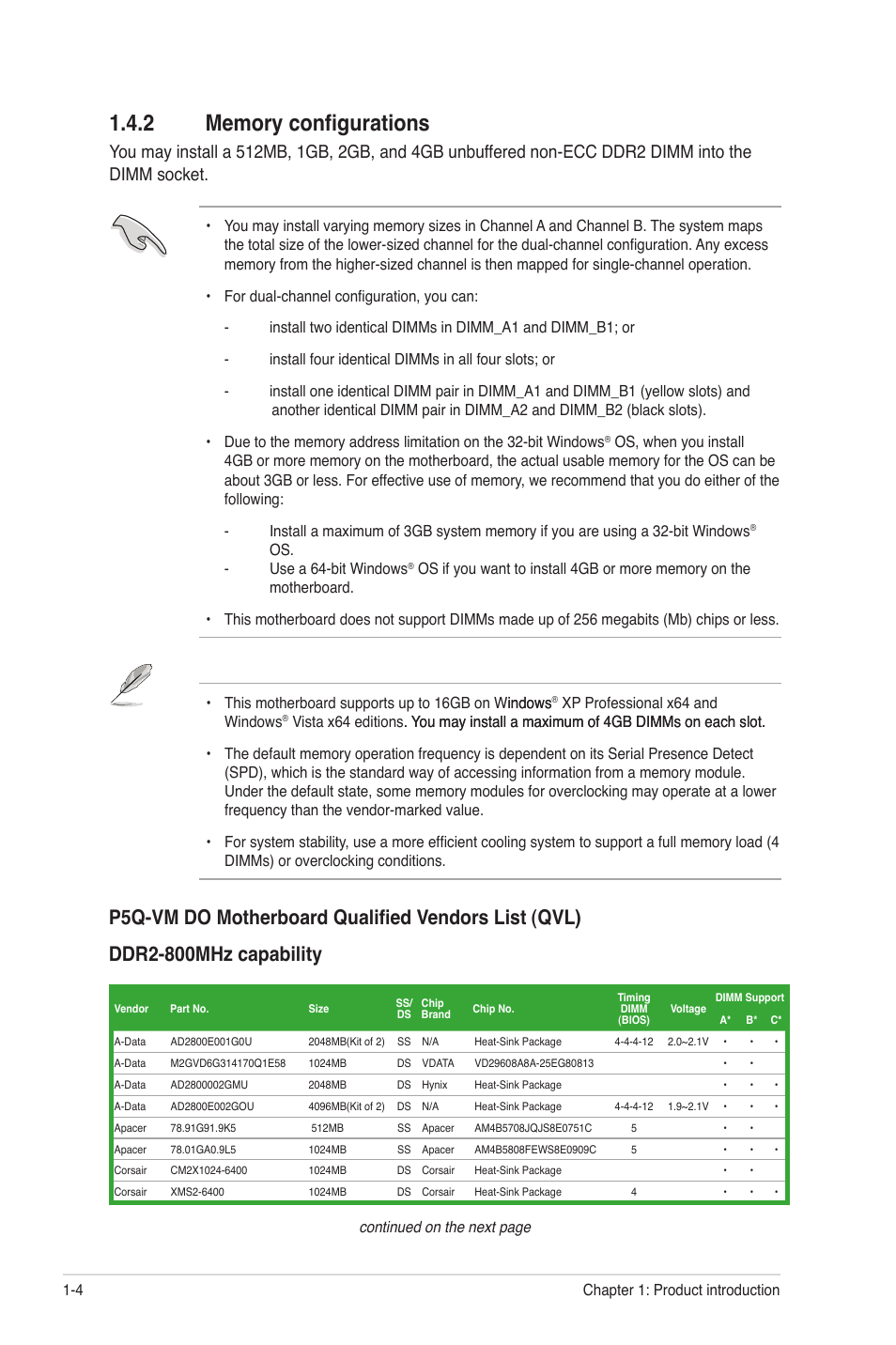 2 memory configurations, Memory configurations -4 | Asus P5QL-VM DO User Manual | Page 13 / 45