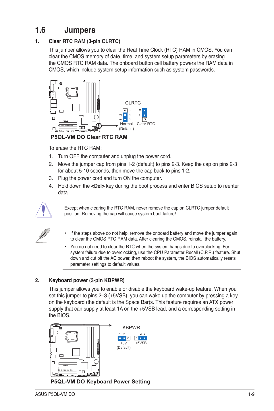 6 jumpers, Jumpers -9 | Asus P5QL-VM DO User Manual | Page 18 / 45