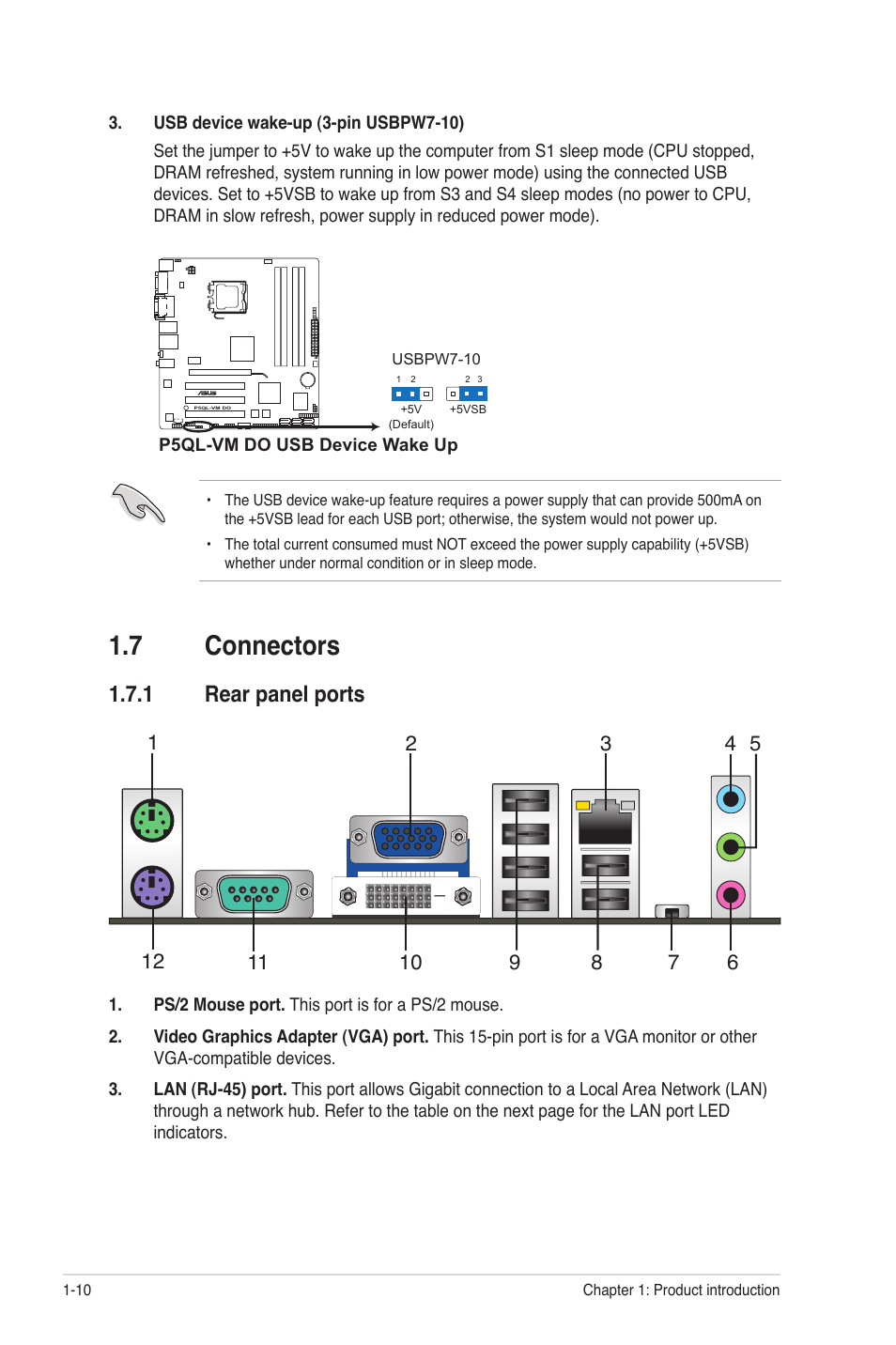 7 connectors, 1 rear panel ports, Connectors -10 1.7.1 | Rear panel ports -10 | Asus P5QL-VM DO User Manual | Page 19 / 45