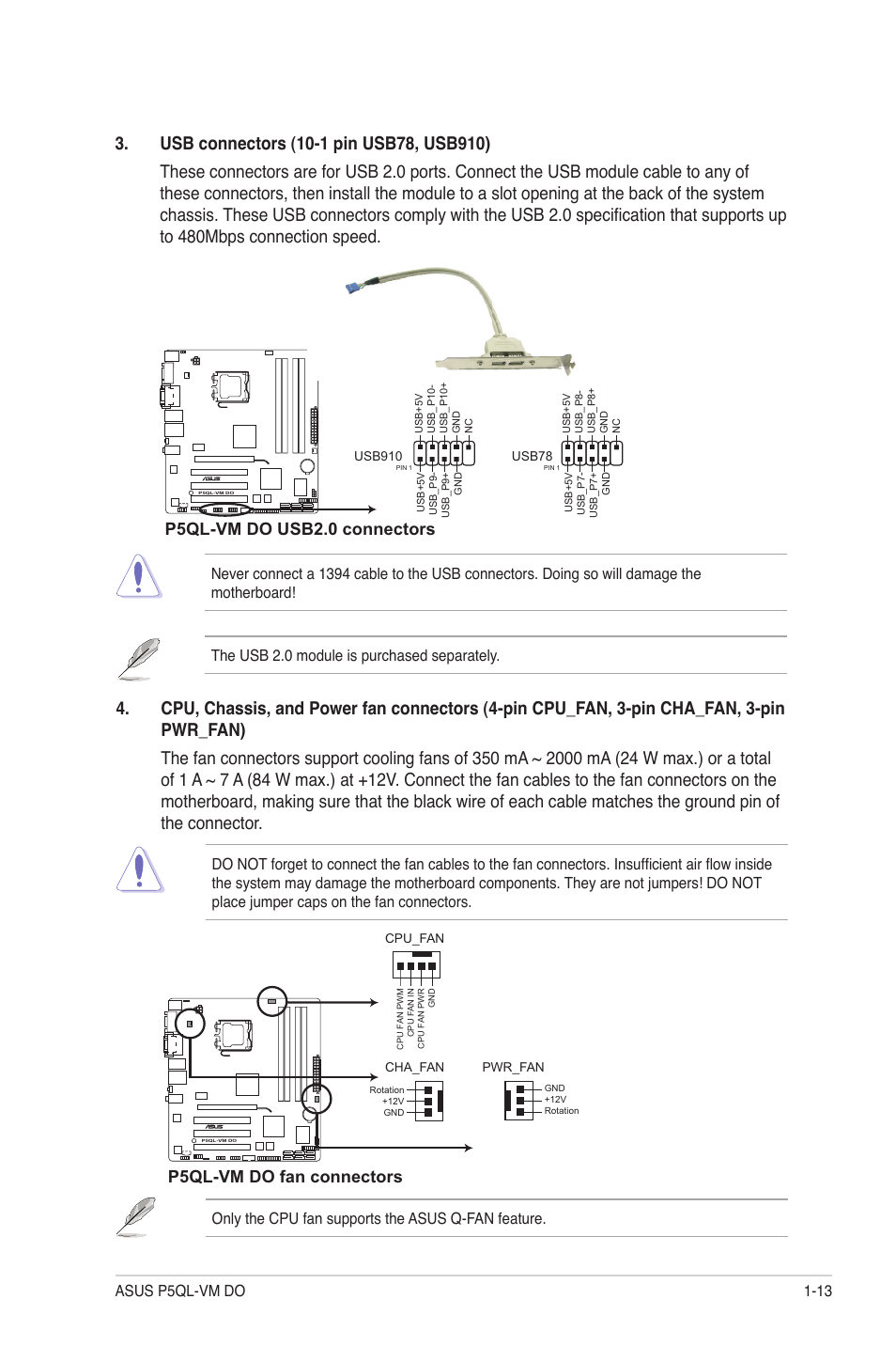 P5ql-vm do usb2.0 connectors, P5ql-vm do fan connectors | Asus P5QL-VM DO User Manual | Page 22 / 45