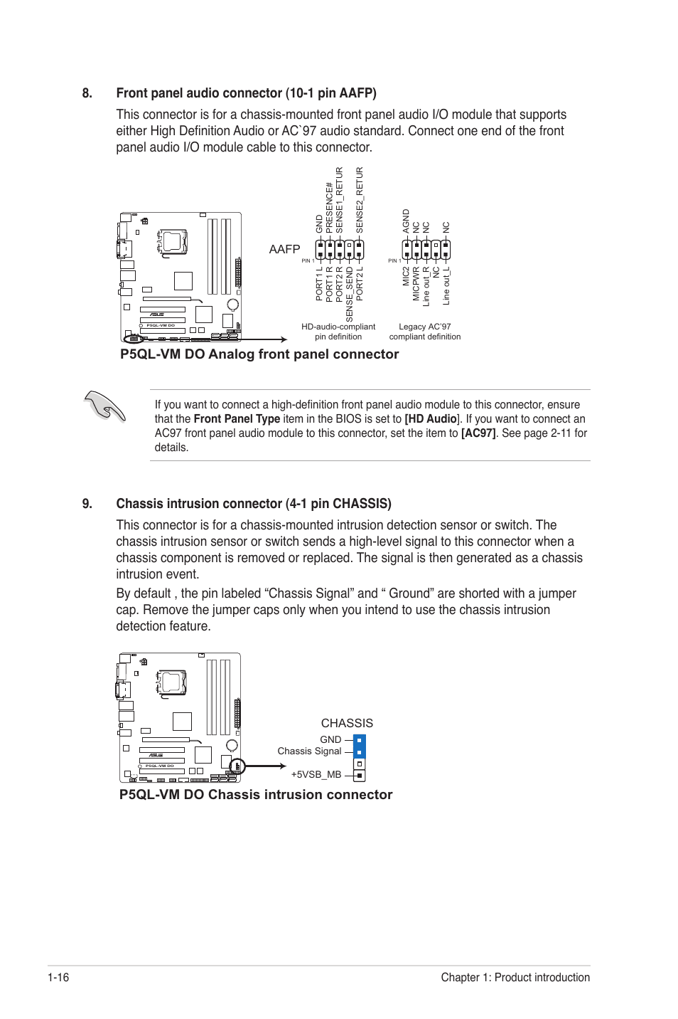 P5ql-vm do analog front panel connector, P5ql-vm do chassis intrusion connector | Asus P5QL-VM DO User Manual | Page 25 / 45