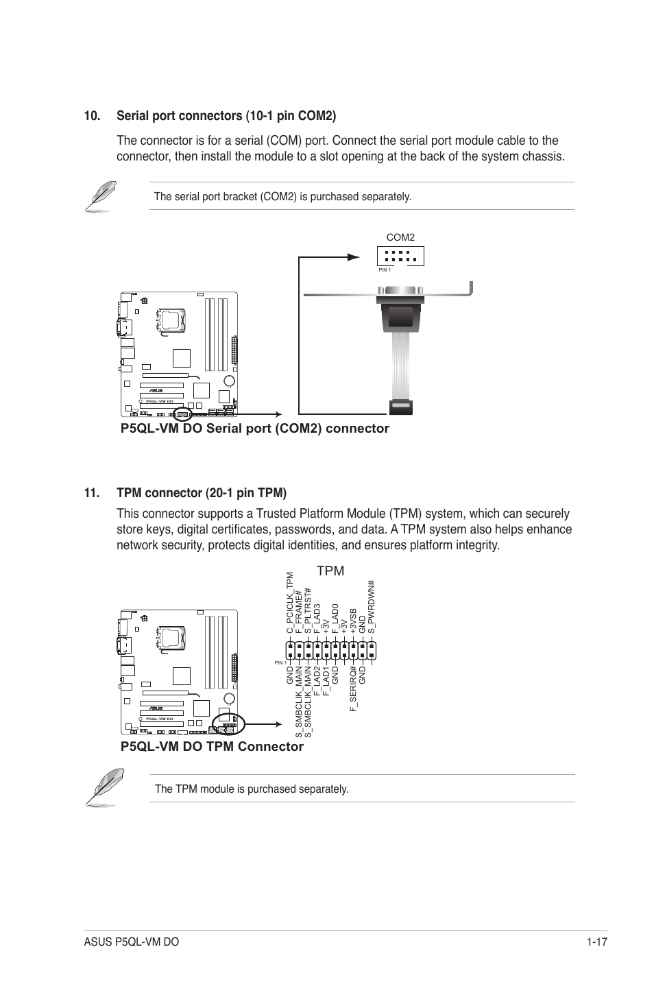 P5ql-vm do serial port (com2) connector, P5ql-vm do tpm connector | Asus P5QL-VM DO User Manual | Page 26 / 45