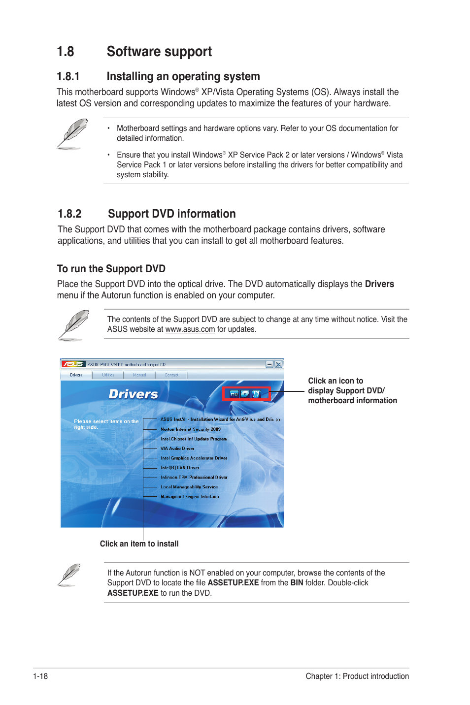 8 software support, 1 installing an operating system, 2 support dvd information | Software support -18 1.8.1, Installing an operating system -18, Support dvd information -18 | Asus P5QL-VM DO User Manual | Page 27 / 45