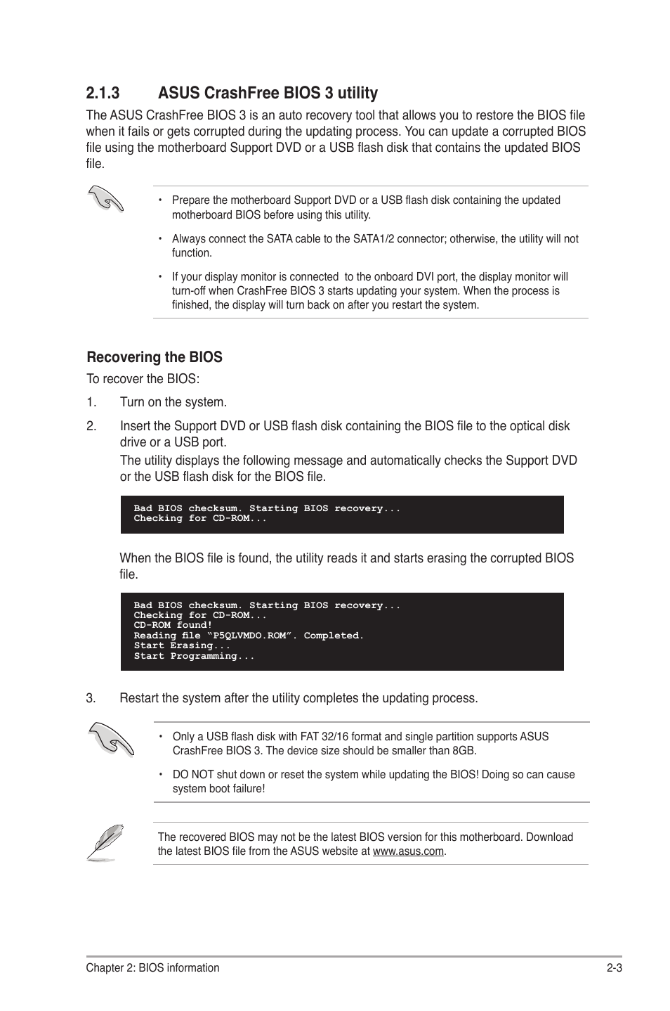 3 asus crashfree bios 3 utility, Asus crashfree bios 3 utility -3, Recovering the bios | Asus P5QL-VM DO User Manual | Page 30 / 45