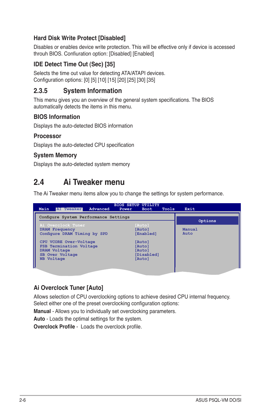 5 system information, 4 ai tweaker menu, System information -6 | Ai tweaker menu -6, Hard disk write protect [disabled, Ide detect time out (sec) [35, Bios information, Processor, Ai overclock tuner [auto | Asus P5QL-VM DO User Manual | Page 33 / 45