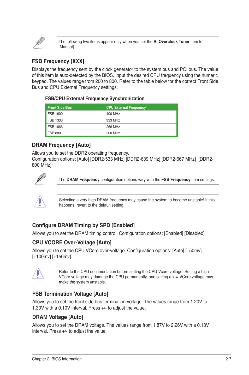 Fsb frequency [xxx, Configure dram timing by spd [enabled, Cpu vcore over-voltage [auto | Fsb termination voltage [auto, Dram voltage [auto, Dram frequency [auto | Asus P5QL-VM DO User Manual | Page 34 / 45