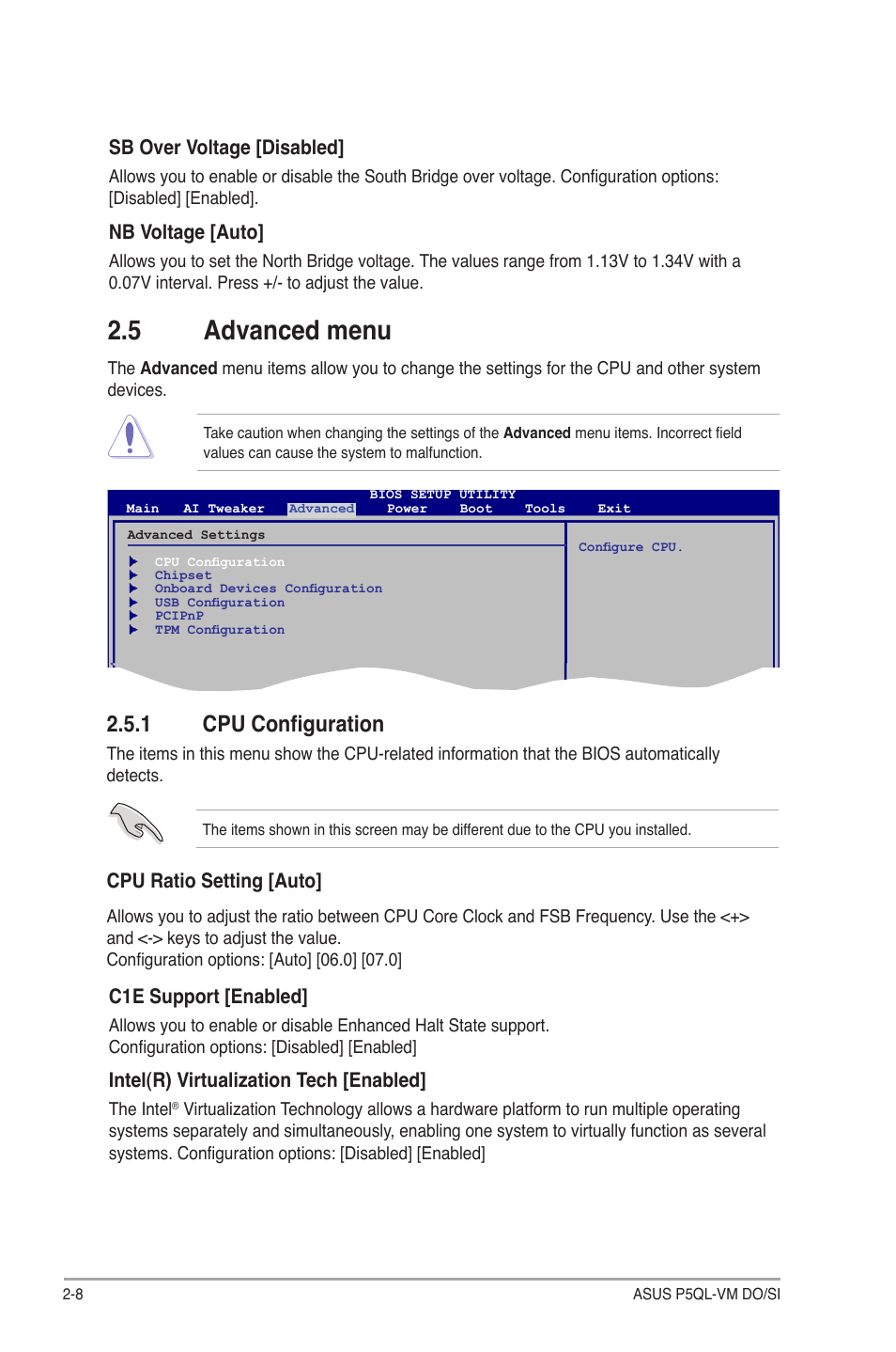5 advanced menu, 1 cpu configuration, Advanced menu -8 2.5.1 | Cpu configuration -8 | Asus P5QL-VM DO User Manual | Page 35 / 45