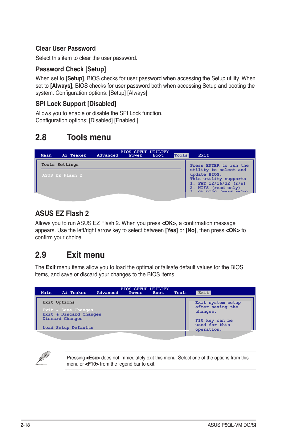 8 tools menu, Asus ez flash 2, 9 exit menu | Tools menu -18 asus ez flash 2 -18, Exit menu -18, Clear user password, Password check [setup, Spi lock support [disabled | Asus P5QL-VM DO User Manual | Page 45 / 45