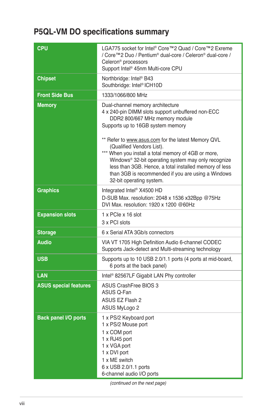 P5ql-vm do specifications summary | Asus P5QL-VM DO User Manual | Page 8 / 45