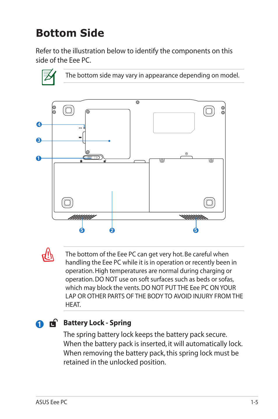 Bottom side | Asus Eee PC S101H/XP User Manual | Page 13 / 80