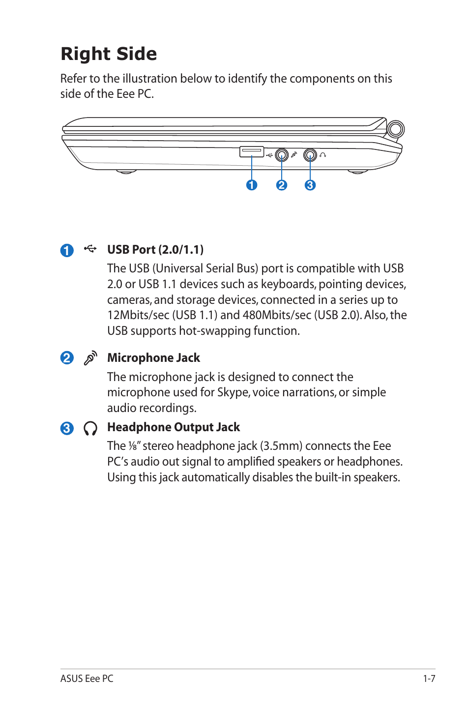 Right side | Asus Eee PC S101H/XP User Manual | Page 15 / 80