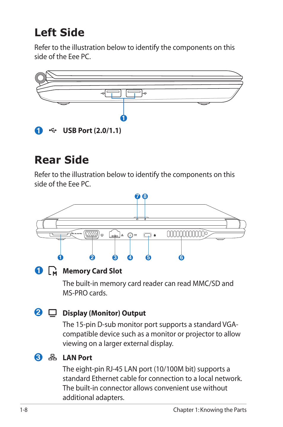 Left side, Rear side | Asus Eee PC S101H/XP User Manual | Page 16 / 80
