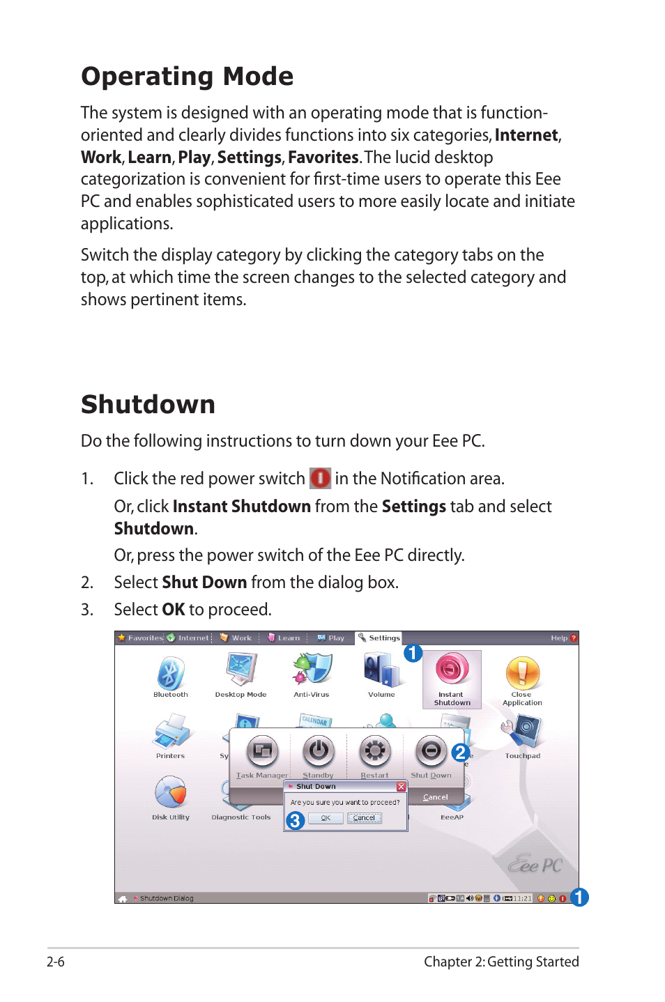 Operating mode, Shutdown | Asus Eee PC S101H/XP User Manual | Page 26 / 80