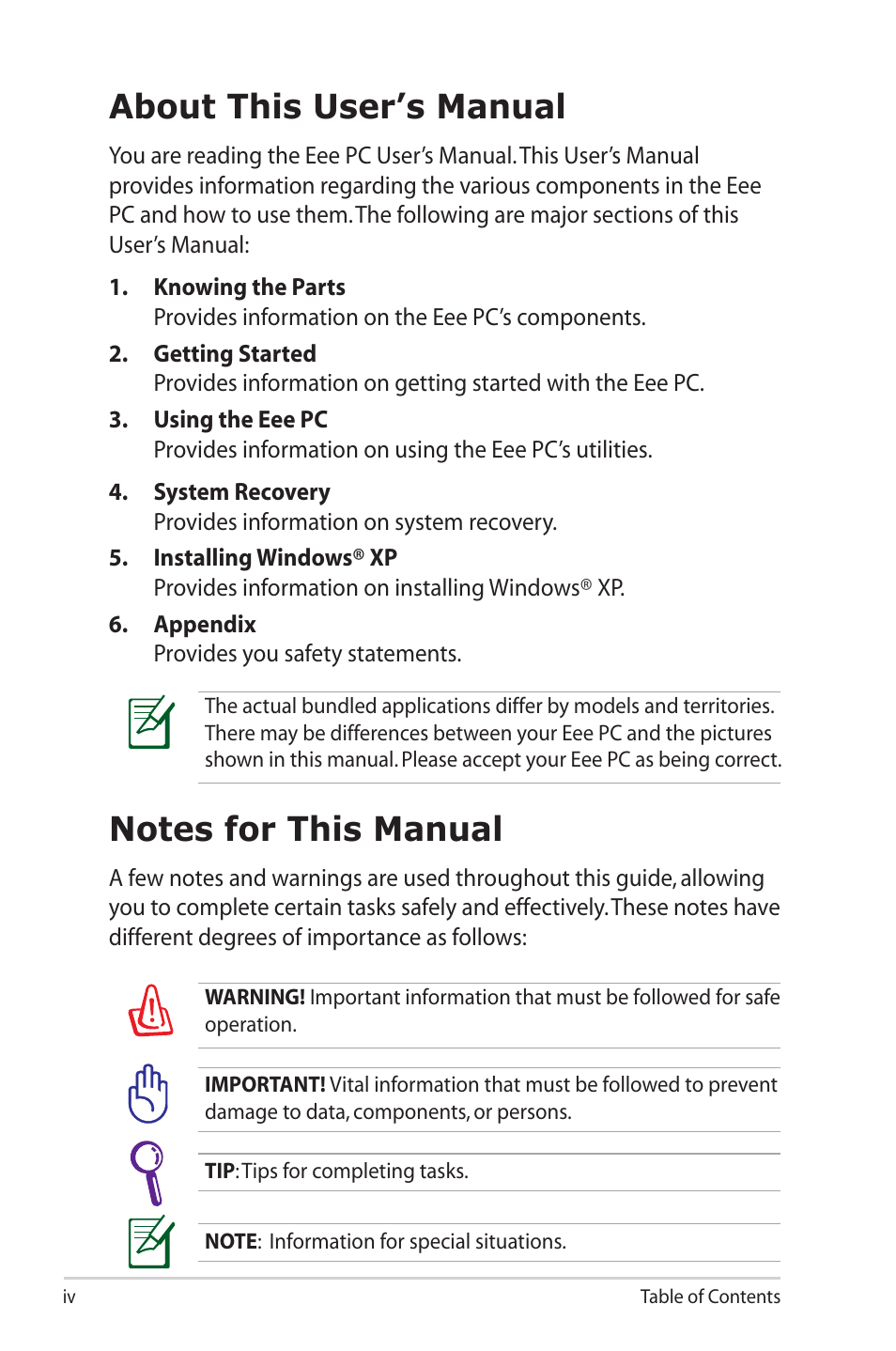 About this user’s manual, Notes for this manual | Asus Eee PC S101H/XP User Manual | Page 4 / 80