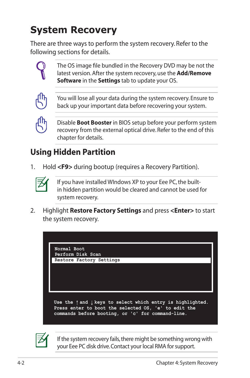 System recovery, Using hidden partition | Asus Eee PC S101H/XP User Manual | Page 46 / 80