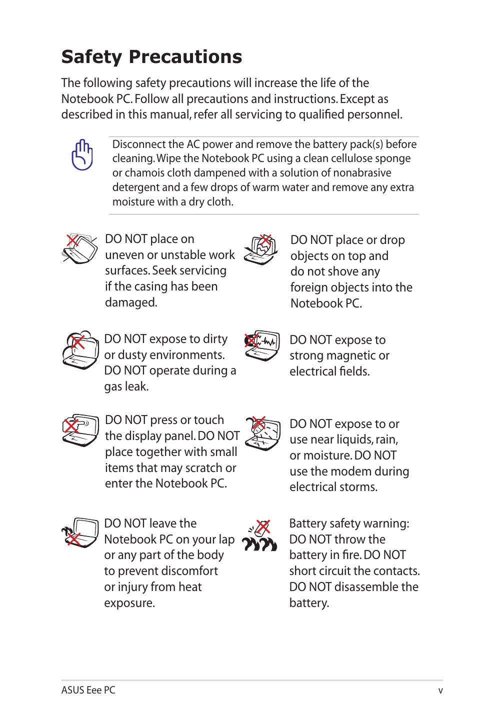 Safety precautions | Asus Eee PC S101H/XP User Manual | Page 5 / 80