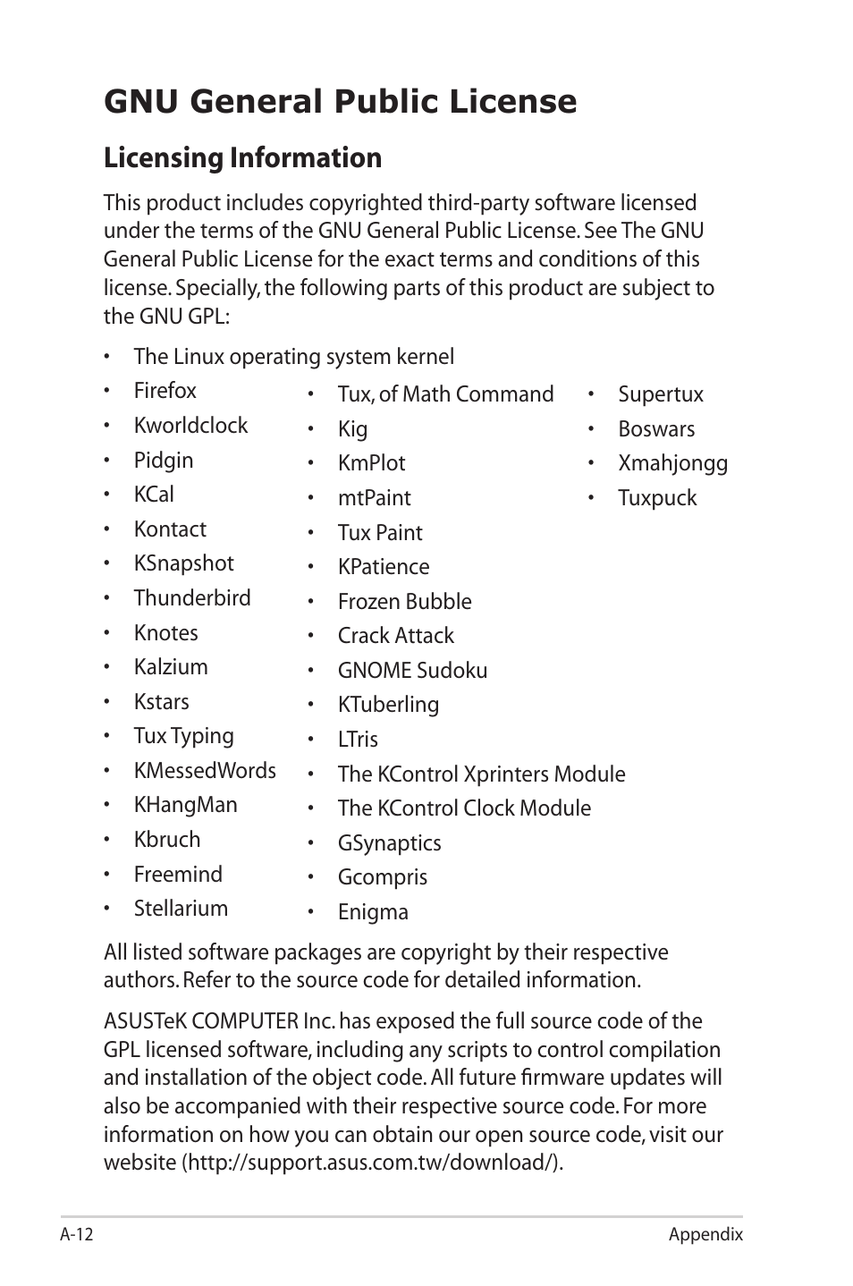 Gnu general public license, Licensing information | Asus Eee PC S101H/XP User Manual | Page 68 / 80