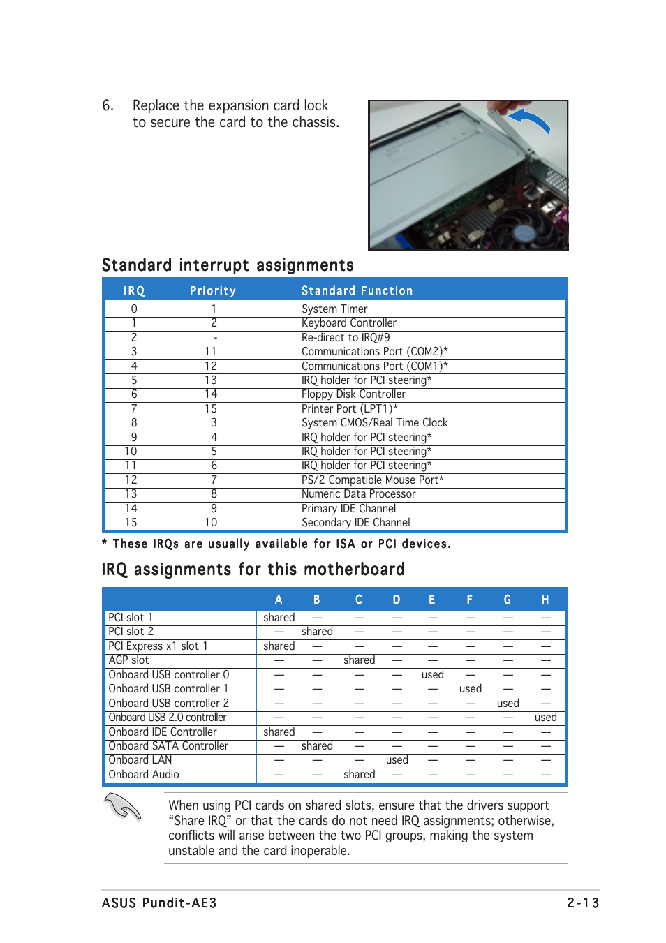 Irq assignments for this motherboard, Standard interrupt assignments | Asus Pundit-AE3 User Manual | Page 29 / 106