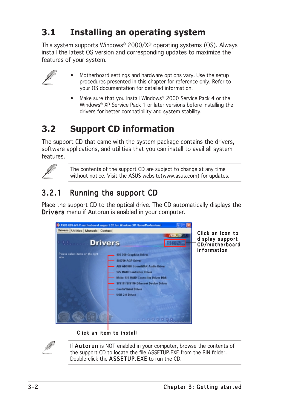 1 installing an operating system, 2 support cd information | Asus Pundit-AE3 User Manual | Page 42 / 106