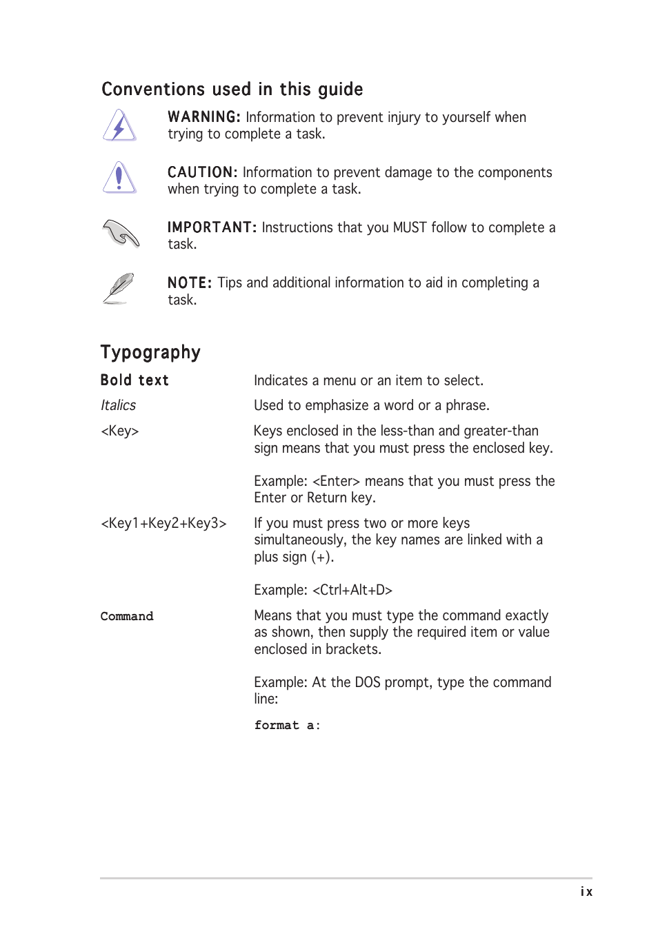 Conventions used in this guide, Typography | Asus Pundit-AE3 User Manual | Page 9 / 106